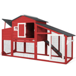 PETSCOSSET PET01 Chicken Coop with Run Wooden Backyard Hen House Indoor & Outdoor 2 Story Poultry Cage with Nesting Box for 2-3 Chickens,Red