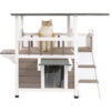 PETSCOSSET Outdoor Cat House - Two Story Wooden Cat Shelter Outside Feral Cat House with Climbing Ladder, Rain Curtain, Grey