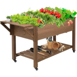Petscosset GF23 Raised Garden Bed 55.5x24x32in Mobile Elevated Wood Planter with Lockable Wheels, Shelf, Liner,Brown