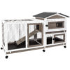 PETSCOSSET RAB14 Rabbit Hutch, Indoor Two-Story Rabbit Cage with Pull Out Tray, Wheels, Asphalt Roof,White/Grey