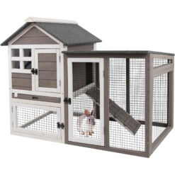 PETSCOSSET RAB17 Rabbit Hutch Bunny Cage Indoor, Two-Story Large Rabbit Cage Guinea Pig House with Tray, Gray