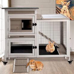 PETSCOSSET PET32 40"L Wooden 2 Story Rabbit Hutch on 4 Metal Wheels with Run Guinea Pig Pet House for Small to Medium Animals,White/Grey
