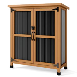 PETSCOSSET Outdoor Storage Cabinet Wood & Metal Small Storage Shed Waterproof Roof, Double Lockable Doors Garden Shed with Removable Shelves for Patio, Garden